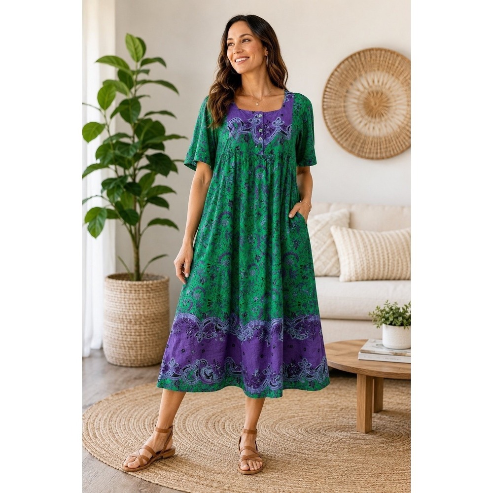 Only Necessities Women's Floral Paisley Cotton Midi Dress Green Purple Size 18/2